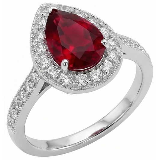 Pear Cut Ruby & Round Natural Earth Mined Diamond 3 Carats Wedding Ring Gold White 14K