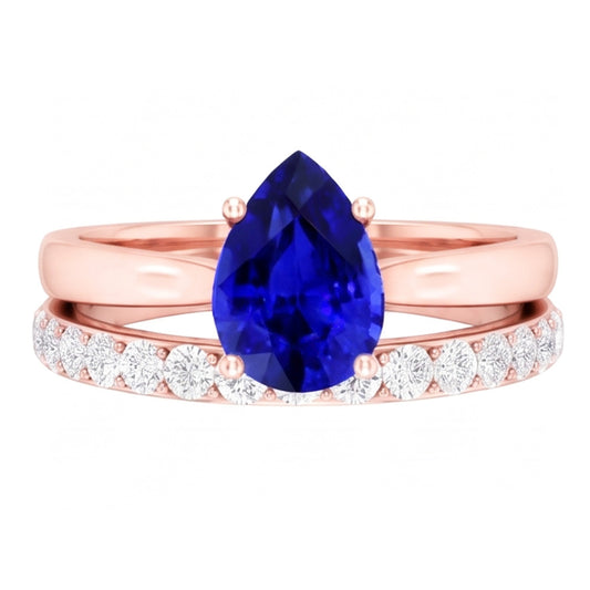 Pear Gemstone Engagement Ring & Natural Earth Mined Diamond Band Set Rose Gold 4 Carats