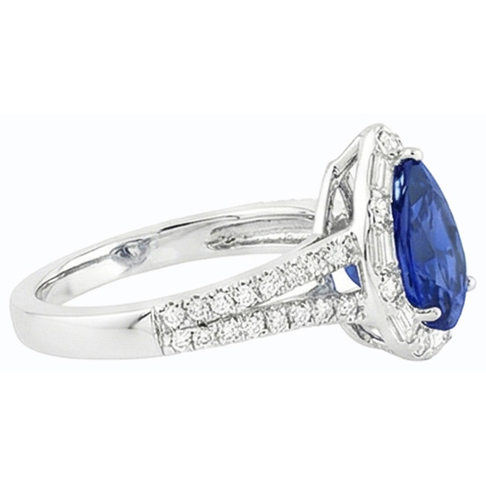 Pear Halo Blue Sapphire Ring Double Shank & Baguette Natural Earth Mined Diamonds 5 Carats