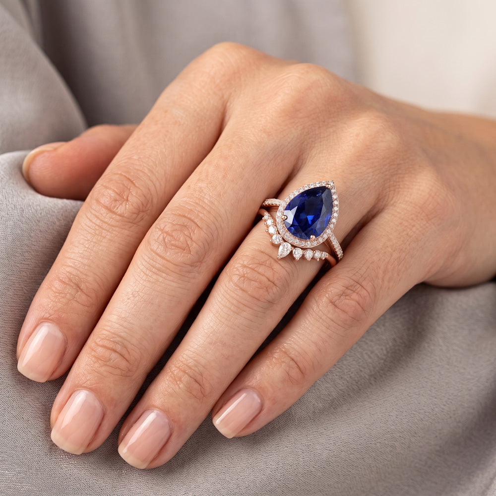 Pear Halo Wedding Ring Set Deep Blue Sapphire & Natural Earth Mined Diamonds 4.50 Carats