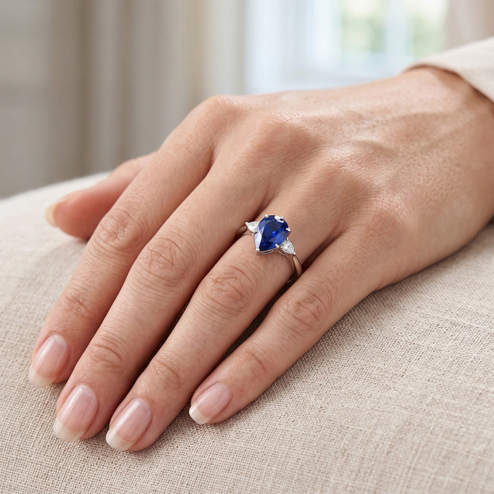Pear Natural Earth Mined Diamond 3 Stone Blue Sapphire Ring 1.75 Carats Tapered Shank Gold