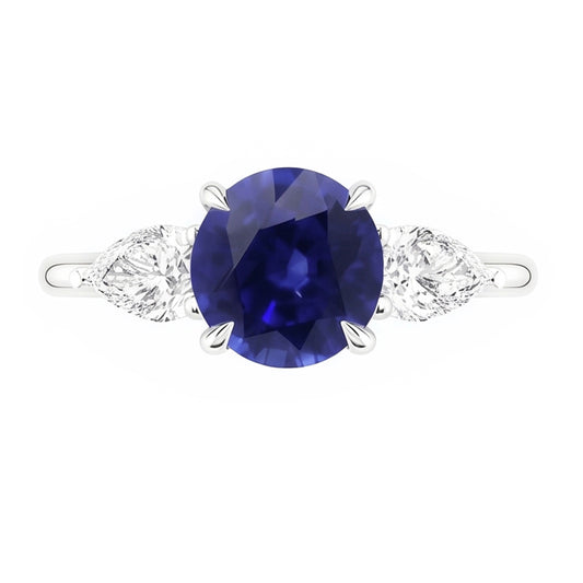 Pear Natural Earth Mined Diamond 3 Stone Ring Round Cut Blue Sapphire Jewellery 3 Carats