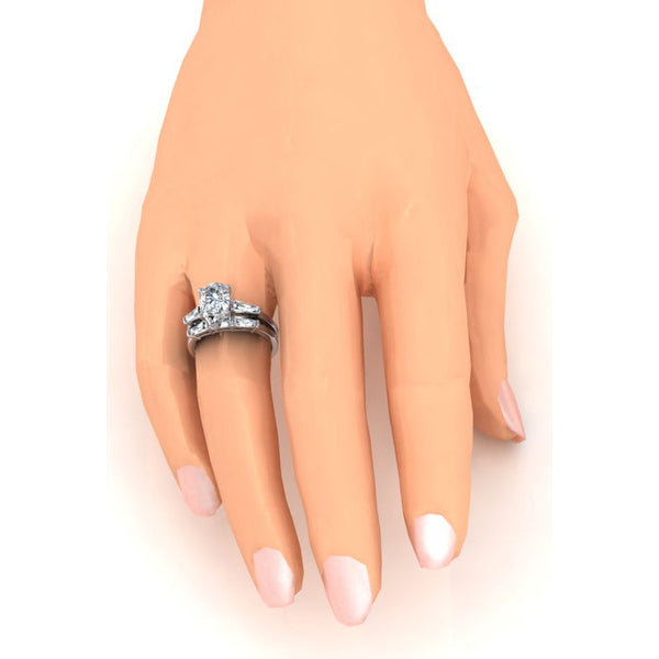 Pear Shaped Real Diamond Wedding Band Set 2.85 Carats With Baguettes