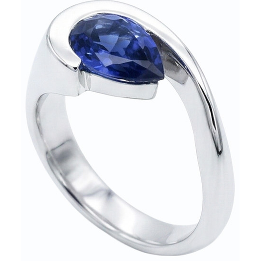 Pear Solitaire Ring Blue Sapphire 1 Carat Half Bezel Set White Gold