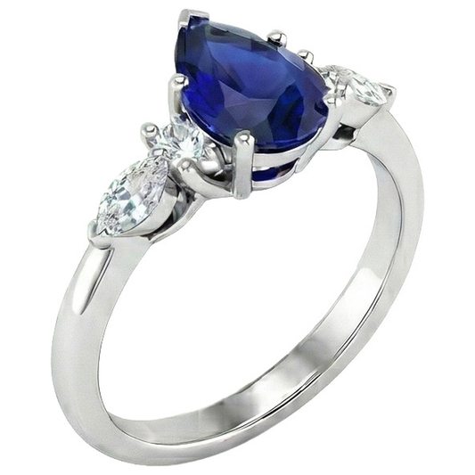 Pear Solitaire Ring Blue Sapphire With Natural Earth Mined DIAMOND ( NOT LAB GROWN )s Accents 3.50 Carats