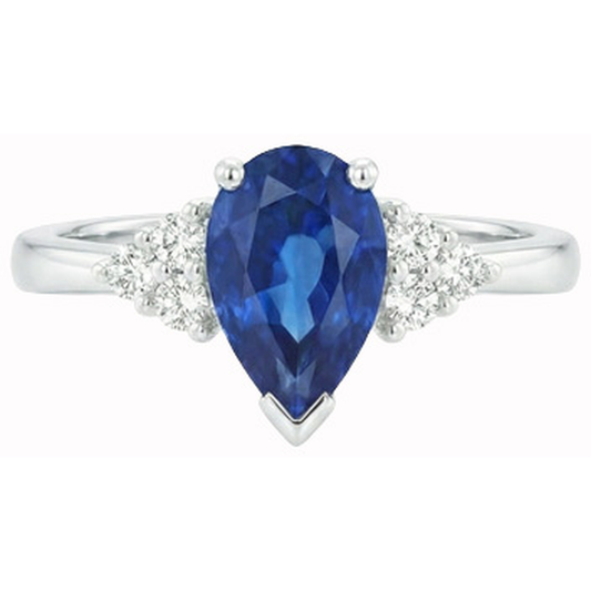 Pear & Round Cut Ceylon Sapphire Natural Earth Mined DIAMOND ( NOT LAB GROWN ) Ring 1.85 Ct. White Gold 14K