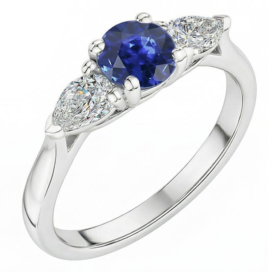Pear Natural Earth Mined Diamond Three Stone Round Blue Sapphire Ring 1.50 Carats