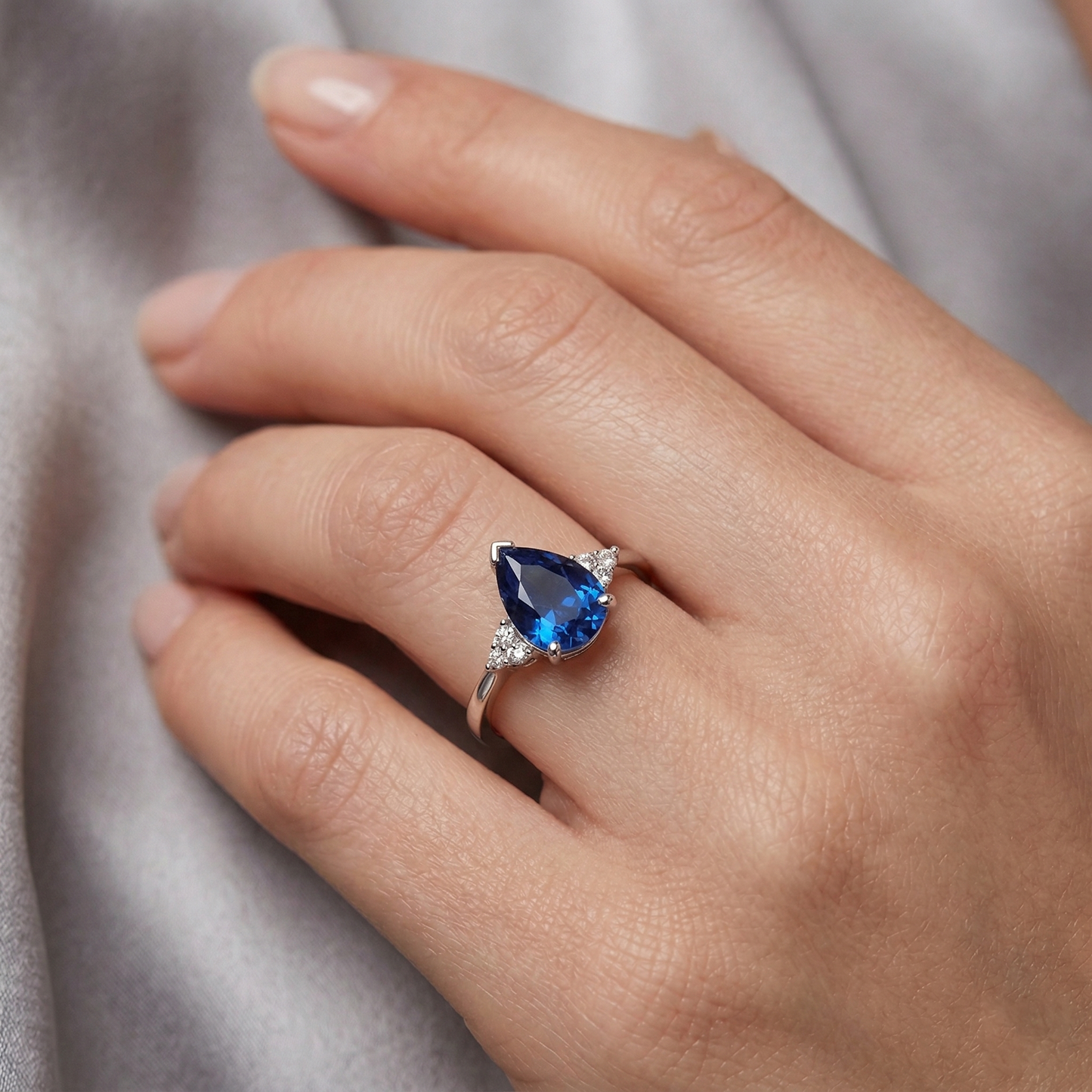 Pear & Round Cut Ceylon Sapphire Natural Earth Mined DIAMOND ( NOT LAB GROWN ) Ring 1.85 Ct. White Gold 14K