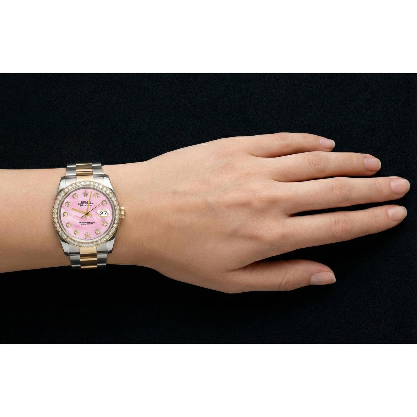 Pink Mother Of Pearl Natural Earth Mined Diamond Dial 36 mm Rolex Datejust Two Tone Watch Oyster Bracelet
