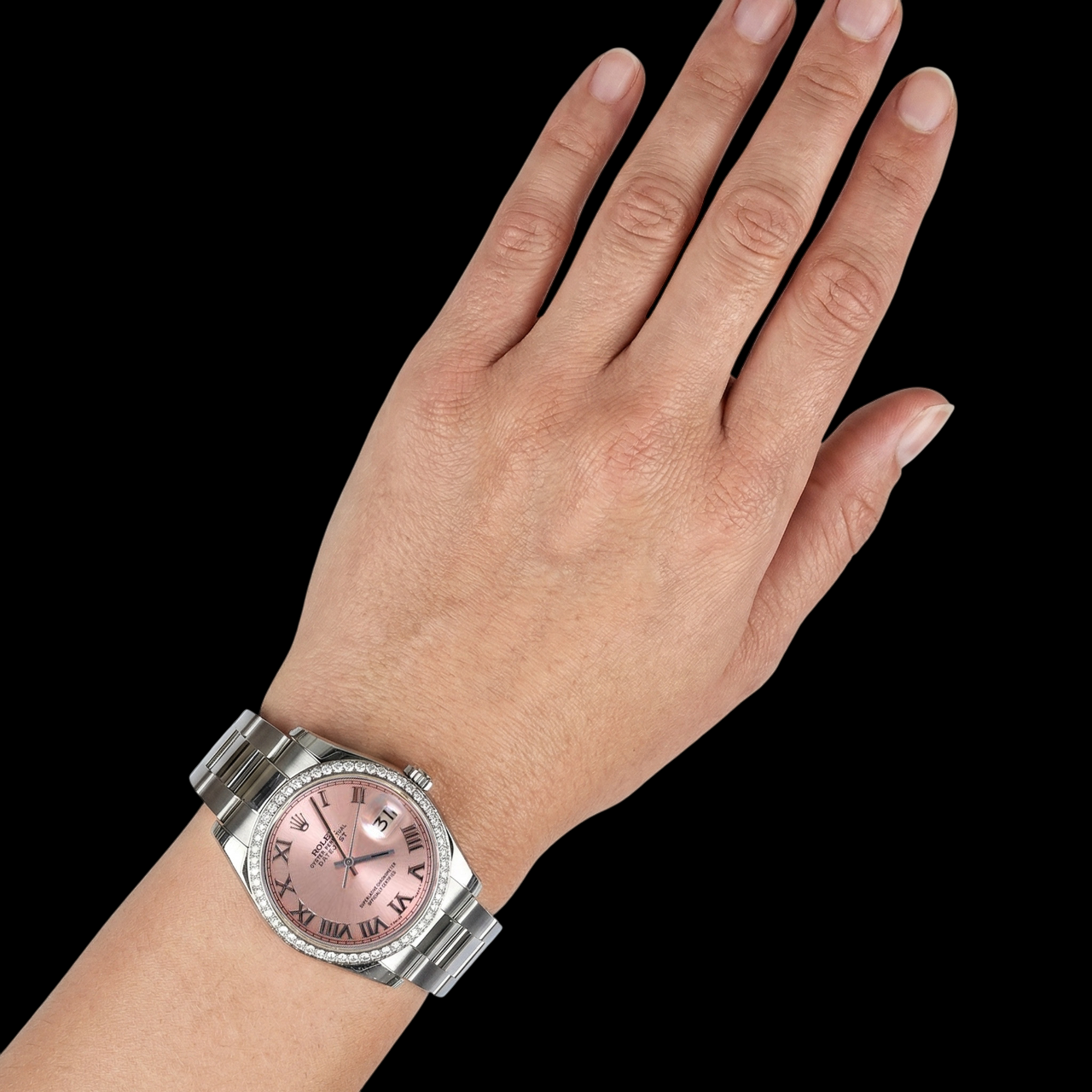 Pink Roman Dial Diamond Bezel Rolex Datejust Ss Oyster Men Watch QUICK SET