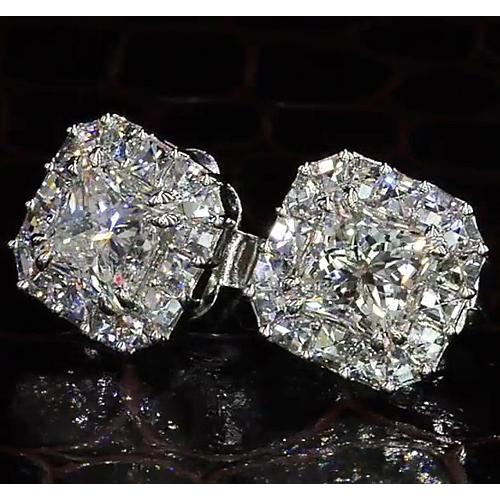 Princess Cut Real Diamond Halo Style Stud Earring 4 Carats White Gold 14K