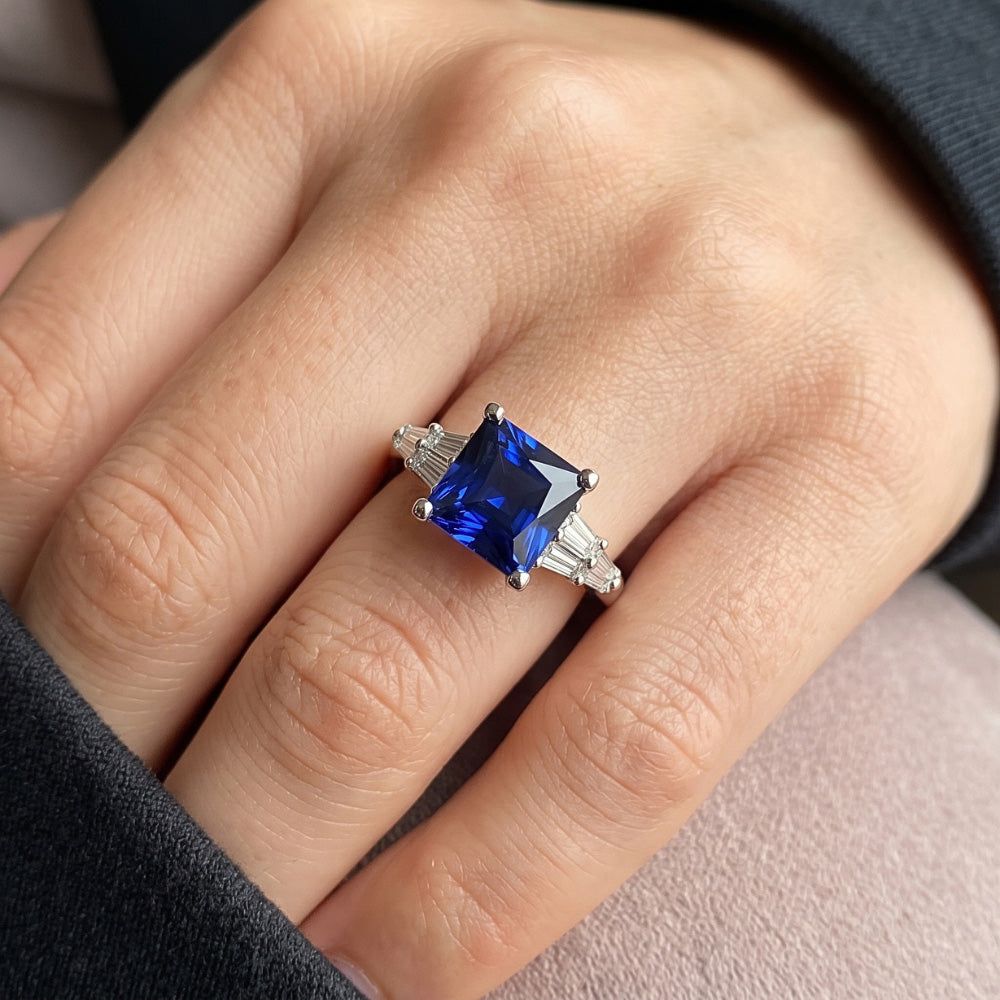 Princess Cut Sapphire Ring With Tapered Baguettes 4.50 Carats Gold 14K