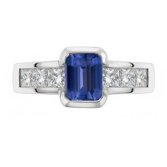 Princess Natural Earth Mined Diamond Ring Gold Bar Set 2.50 Carats Emerald Ceylon Sapphire