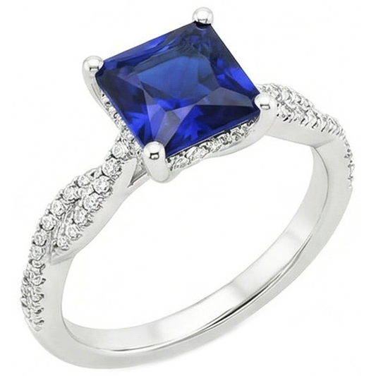 Princess Solitaire Accents Ring Ceylon Sapphire & Natural Earth Mined Diamonds 6 Carats