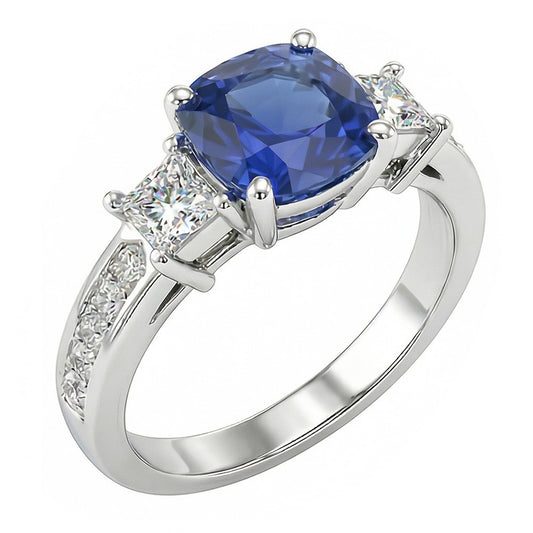 Princess & Round Natural Earth Mined Diamond Ring Cushion Ceylon Sapphire 3 Carats Gold