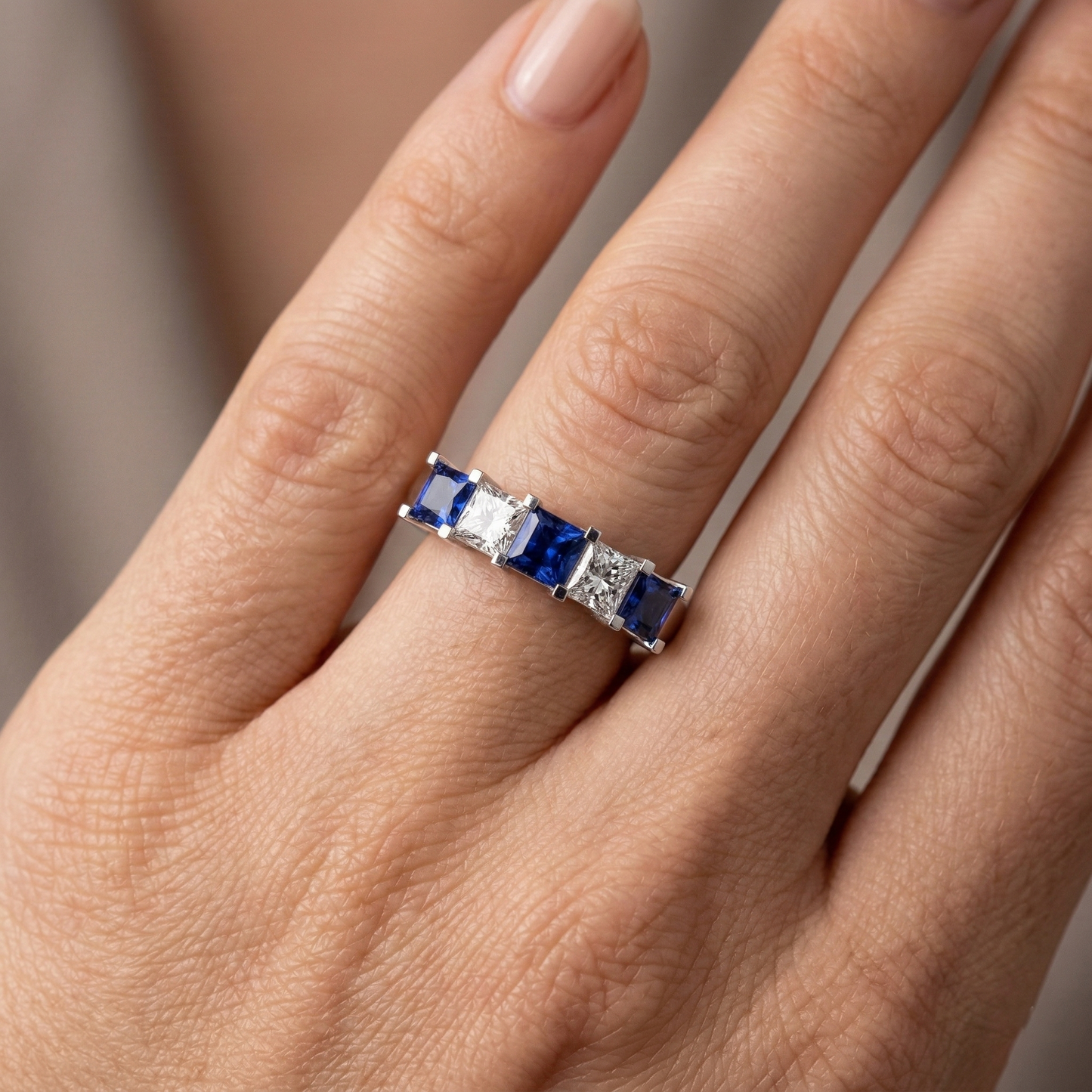 Princess Cut Ceylon Sapphire Natural Earth Mined DIAMOND ( NOT LAB GROWN )s 5 Stone Ring 1.75 Ct