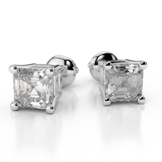 Prong Set 3 Carats Asscher Cut Natural Earth Mined Diamonds Studs Earrings WG 14K