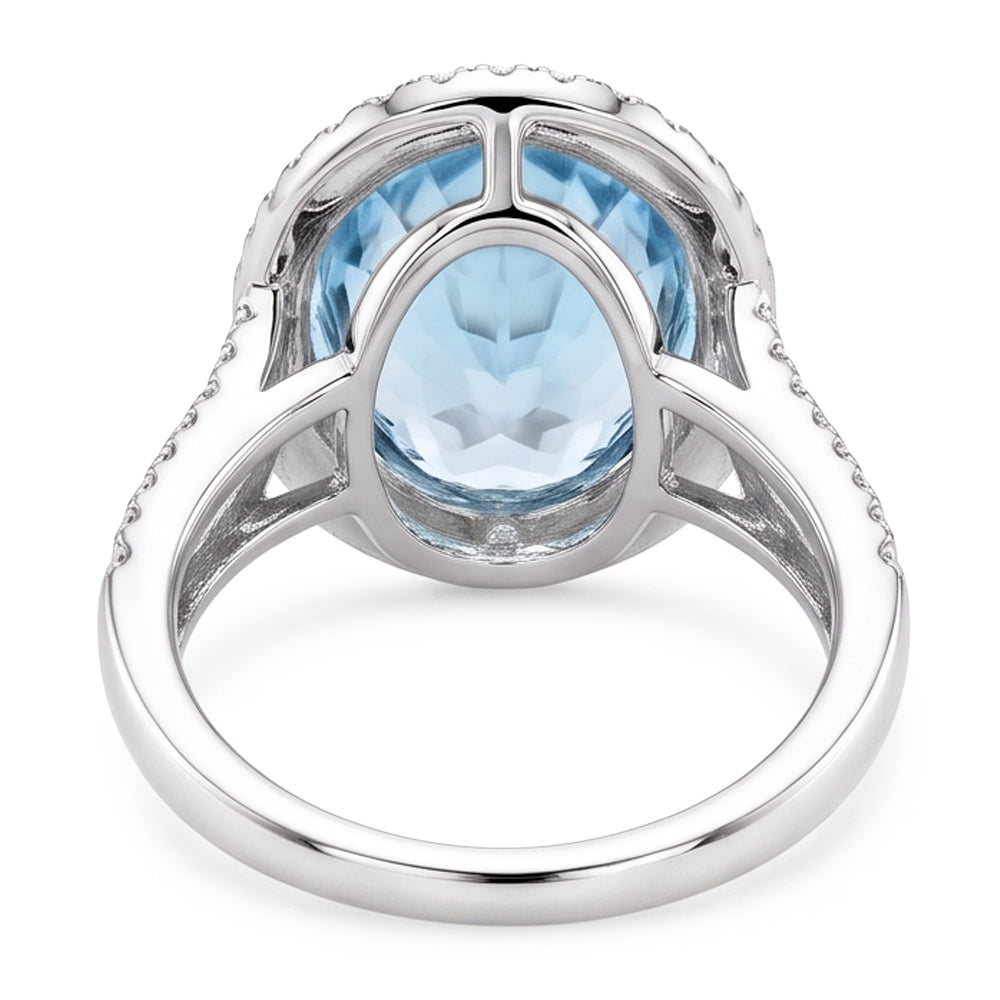 Prong Set Round Cut 12 Ct Aquamarine And Natural Earth Mined Diamonds Ring Gold White