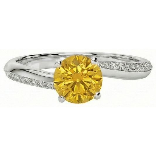 Prong Set Round Cut 3.50 Ct Yellow Sapphire With Natural Earth Mined Diamonds Ring