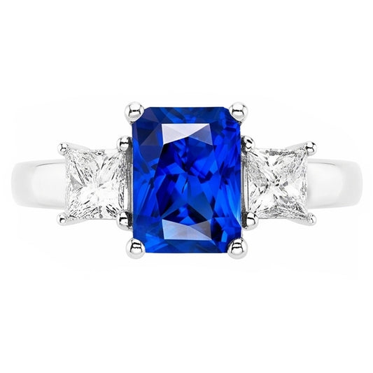 Radiant 3 Stone Blue Sapphire Ring & Princess Natural Earth Mined Diamonds 3 Carats