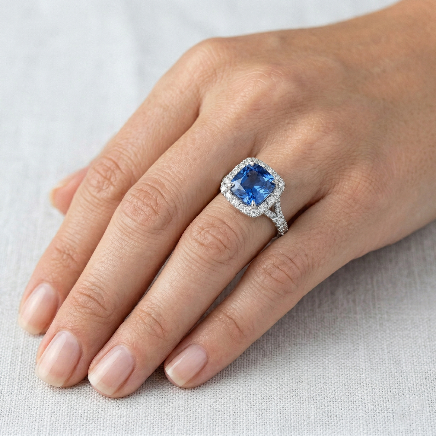 Radiant Cut Ceylon Sapphire & Round Natural Earth Mined DIAMOND ( NOT LAB GROWN ) Ring 3 Ct. White Gold 14K