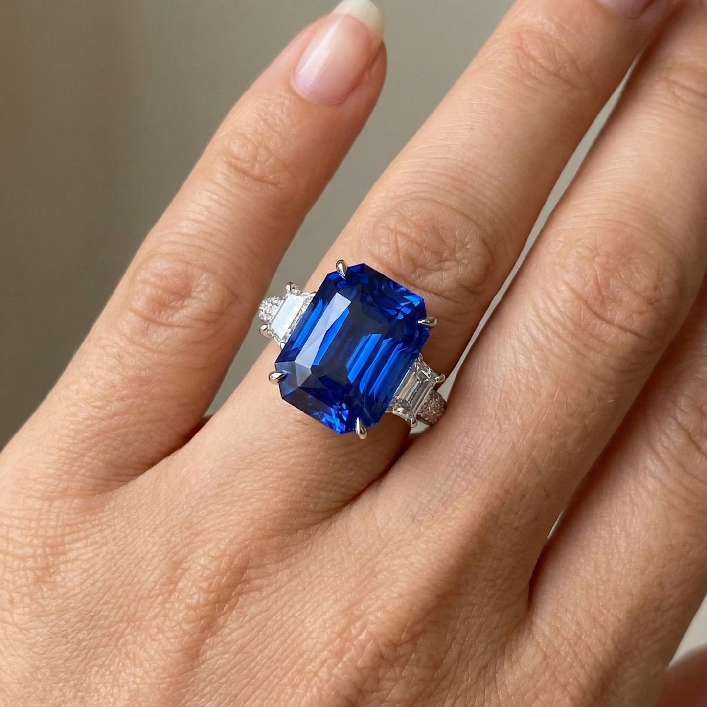 Radiant Natural Earth Mined Diamond Ceylon Sapphire Ring 7.50 Carats 3 Stone Prong Style
