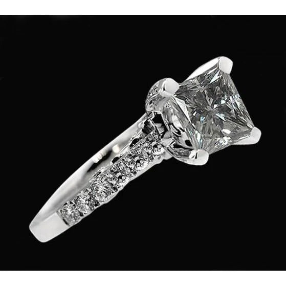Real 3 Carats Diamond Princess Cut Ring With Accents White Gold 14K
