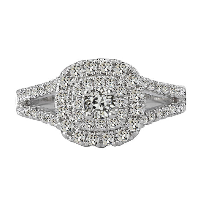 Real 6 Carats Double Halo Old Mine Cut Diamond Ring Split Shank Jewelry