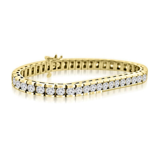 Real 9 Carats Round Diamonds Channel Set Tennis Bracelet Yellow Gold