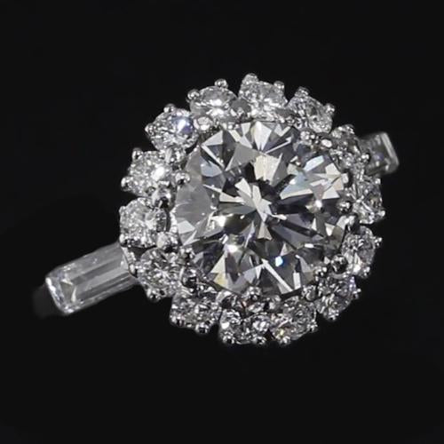 Real Diamond Halo Engagement Ring 3 Carats Baguettes and Round Diamonds White Gold 14K