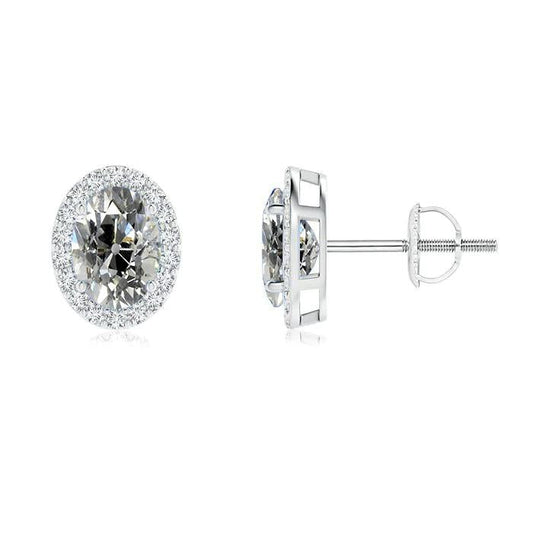Natural Earth Mined Diamond Halo Studs Oval Old European 6 Carats Screw Backs White Gold