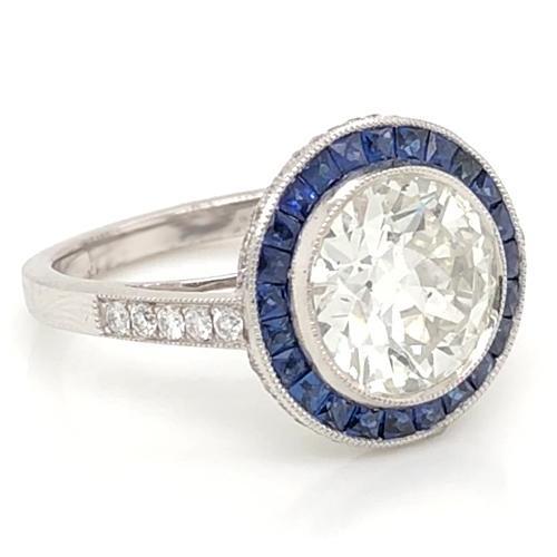 Diamond Ring 5 Carats Halo Ceylon Blue Sapphire Milgrain White Gold
