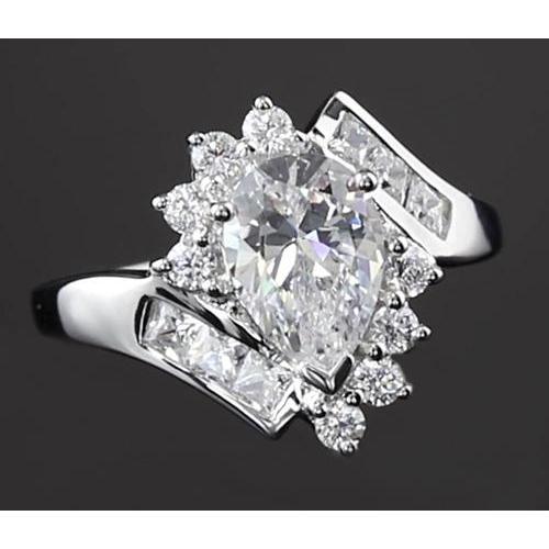 Real Interlocking Engagement Ring 2.50 Carats Pear Diamond White Gold 14K