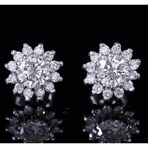 Real Round Diamond Halo Stud Earring White Gold 14K 1.74 Carats