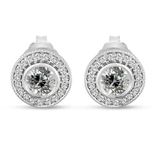 Real Women's Diamond Halo Stud Earrings Bezel Set Old Miner 6 Carats
