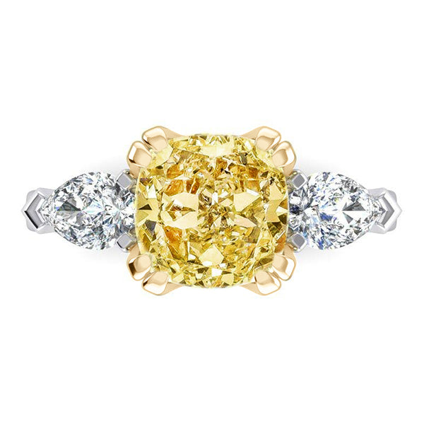 Real Cushion Yellow Canary Ring Natural Earth Mined Pear Diamonds Gold 14K