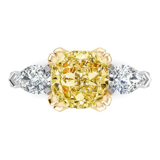 Real Cushion Yellow Canary Ring Natural Earth Mined Pear Diamonds Gold 14K