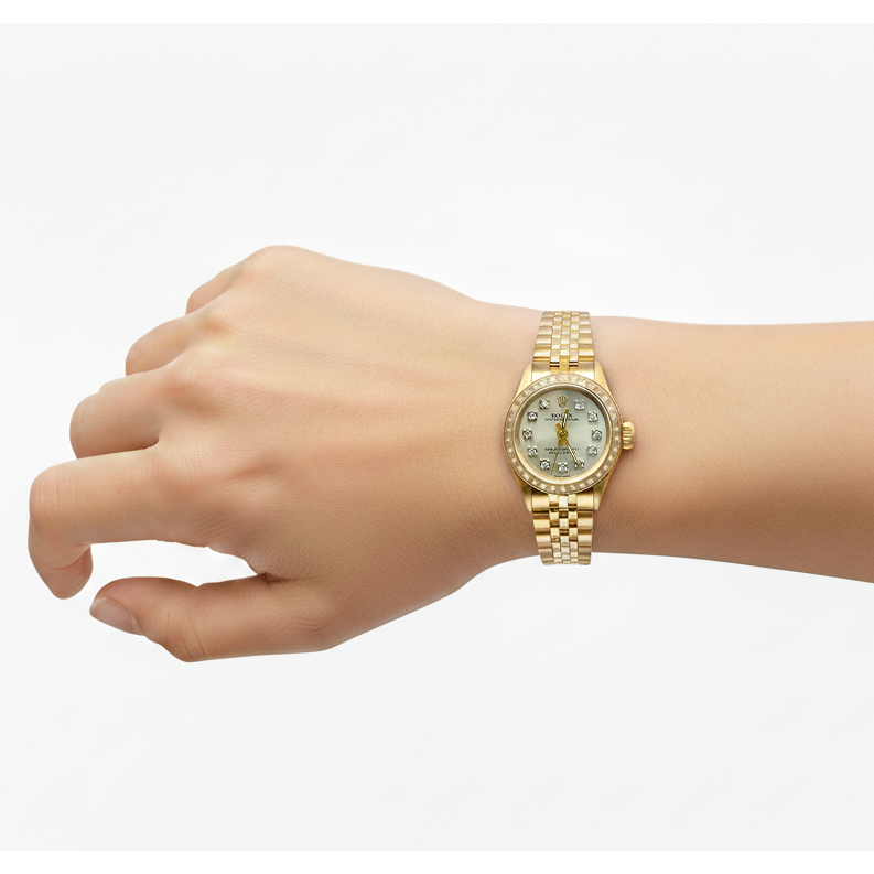 Rolex Oyster Watch Mother Of Pearl Natural Earth Mined Diamond Dial Yellow Gold Jubilee Band
