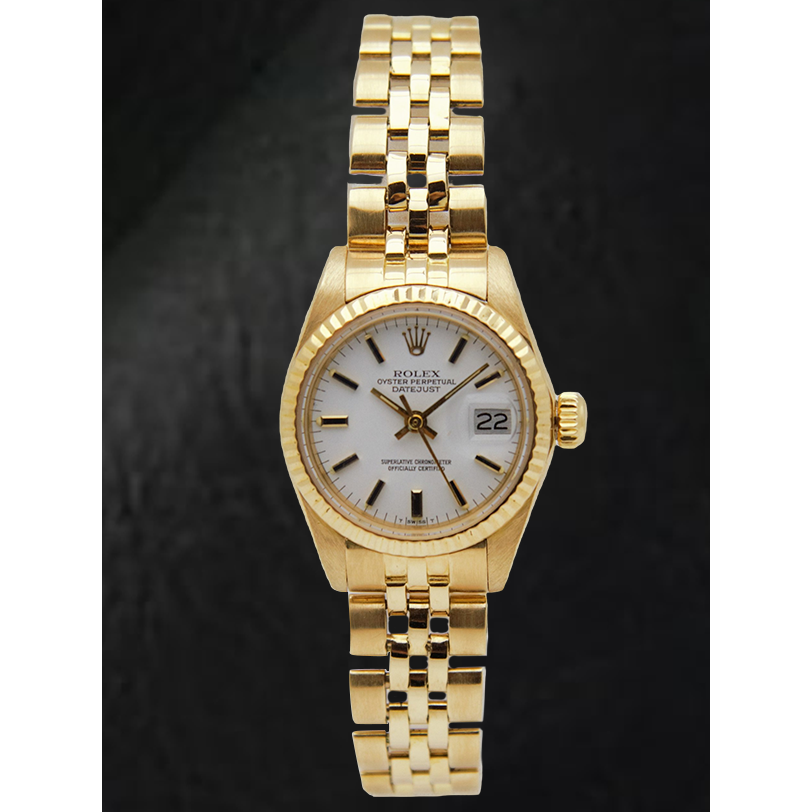 Rolex Lady-Datejust White Stick Dial President Style Bracelet Yellow Gold Watch