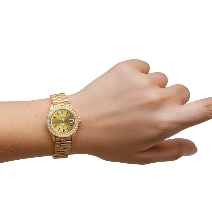 Rolex Champagne Stick Dial President Watch Dj Natural Earth Mined Diamond Bezel Yg P2