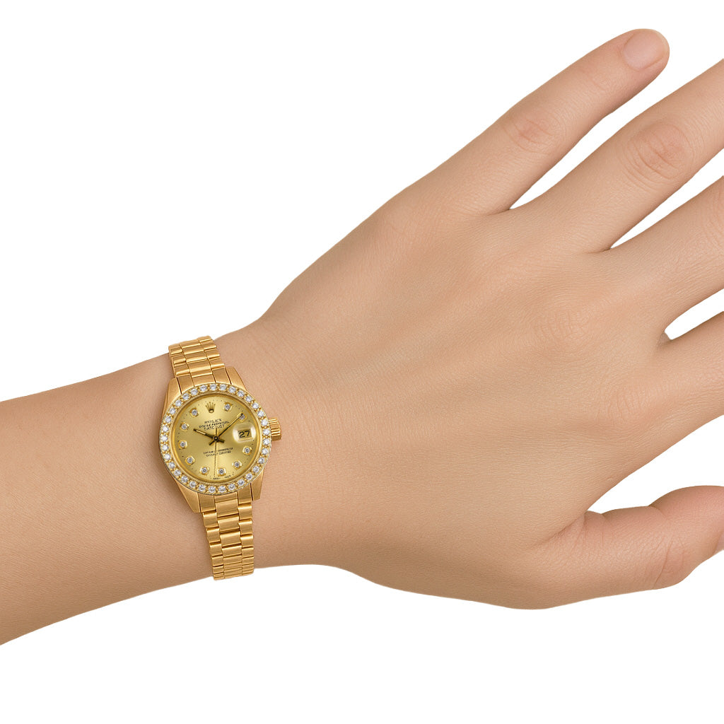 Rolex Datejust 26 mm Champagne Natural Earth Mined Diamond Dial President Watch Yellow Gold P4