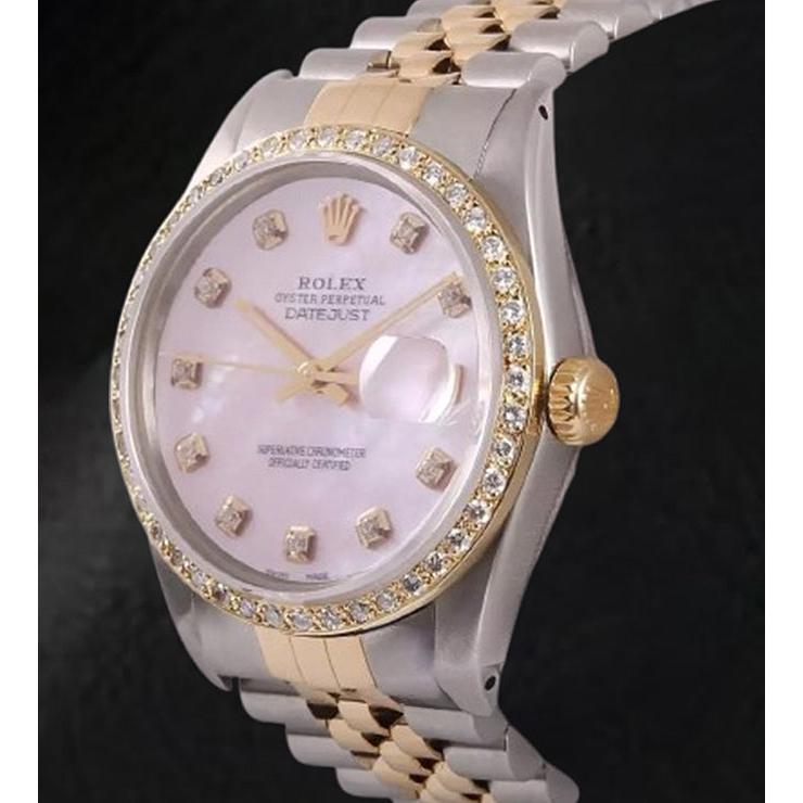 Rolex Datejust 36 mm Pink Mother Of Pearl Diamond Dial Two Tone Watch