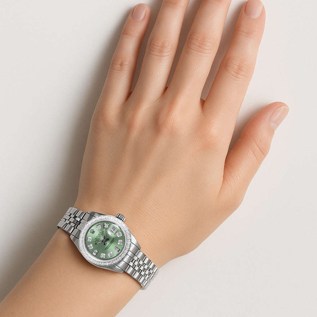 Rolex Datejust Olive Green Baguette Diamond 26 mm Stainless Steel Watch