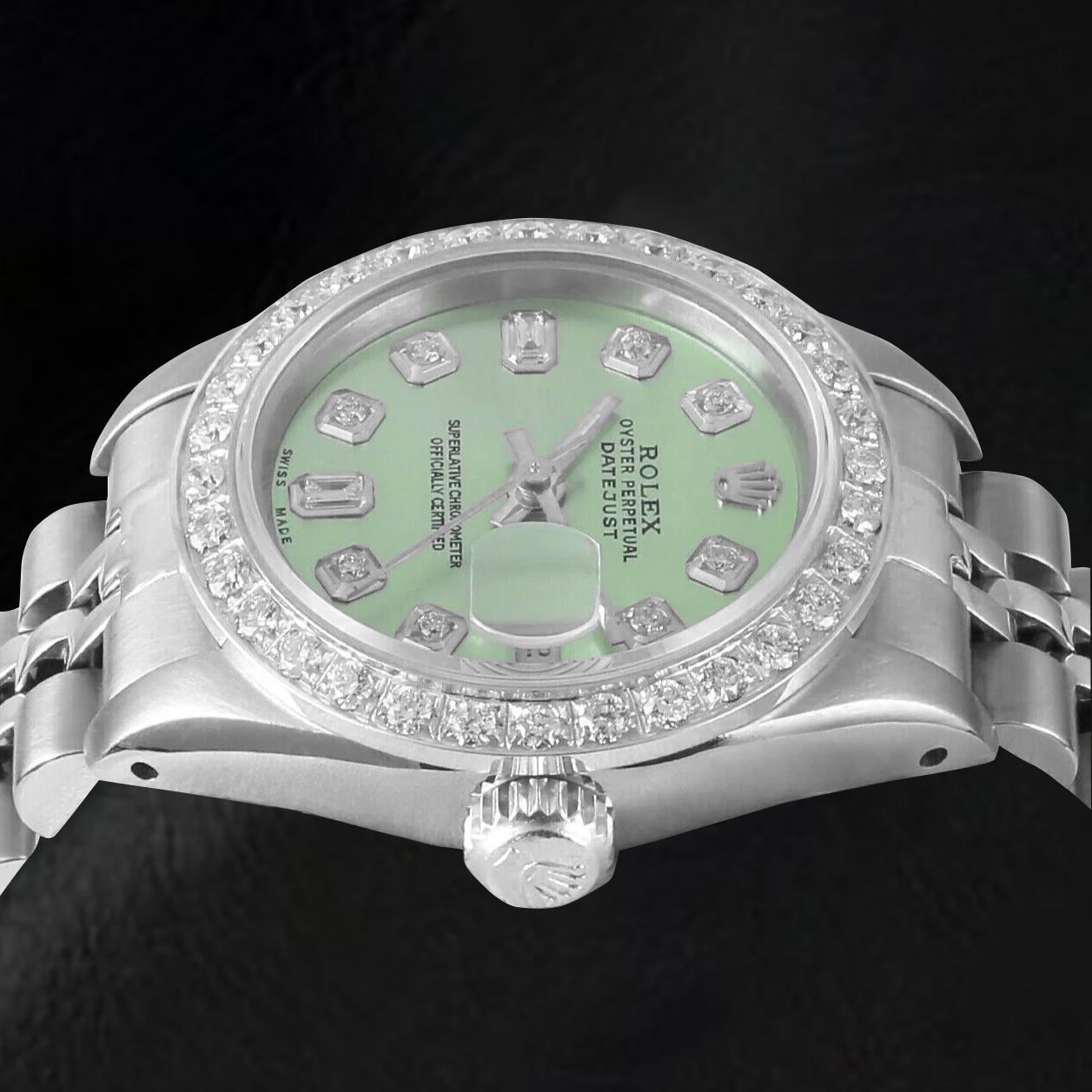 Rolex Datejust Olive Green Baguette Diamond 26 mm Stainless Steel Watch