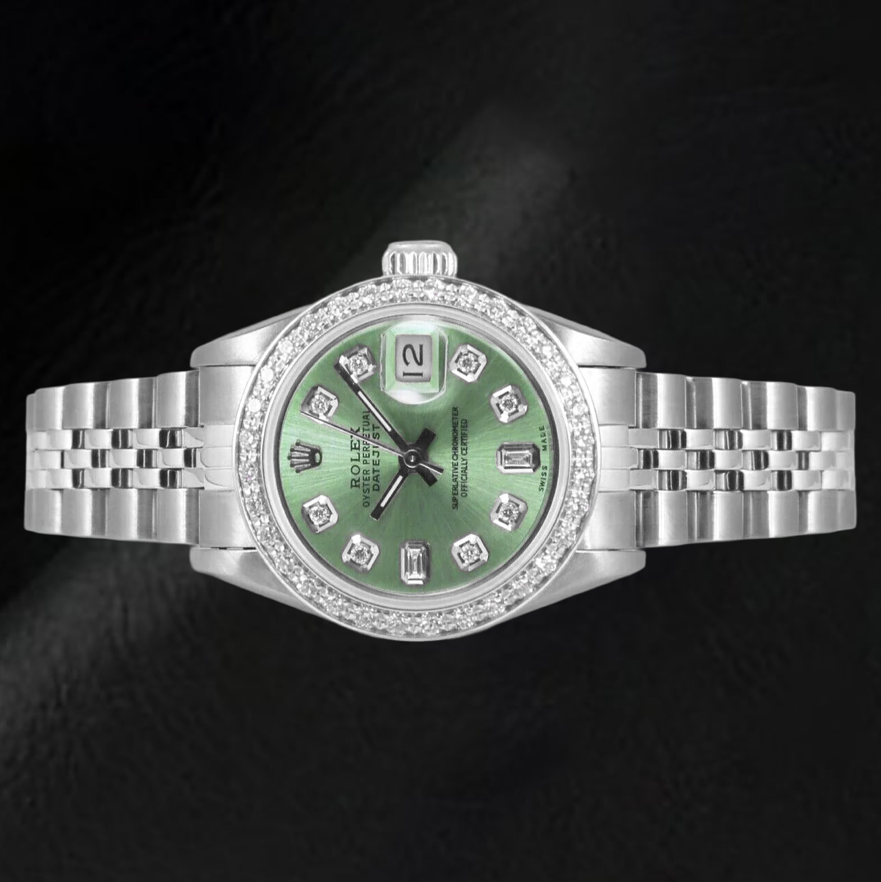 Rolex Datejust Olive Green Baguette Diamond 26 mm Stainless Steel Watch