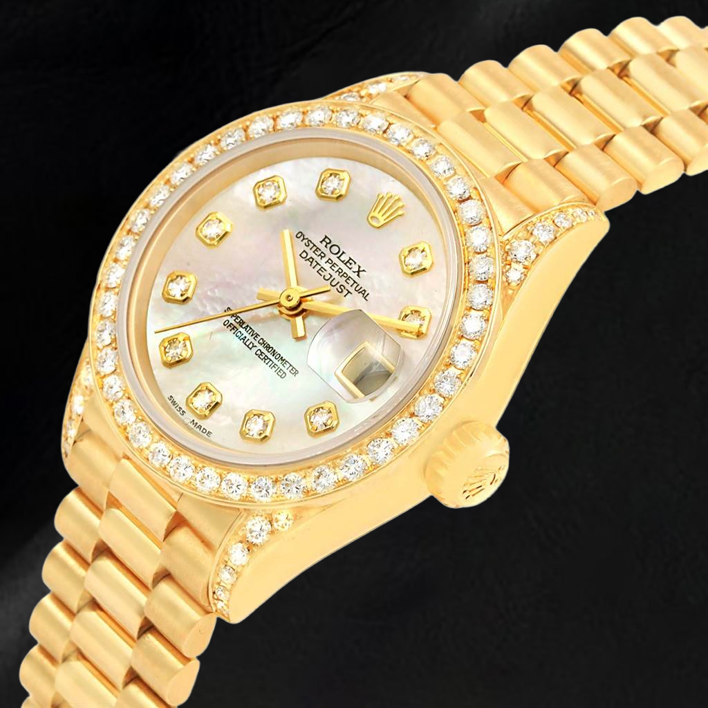Rolex Datejust Year 2003 White Mother Of Pearl Diamond Dial 26 mm Yellow Gold Ladies Watch