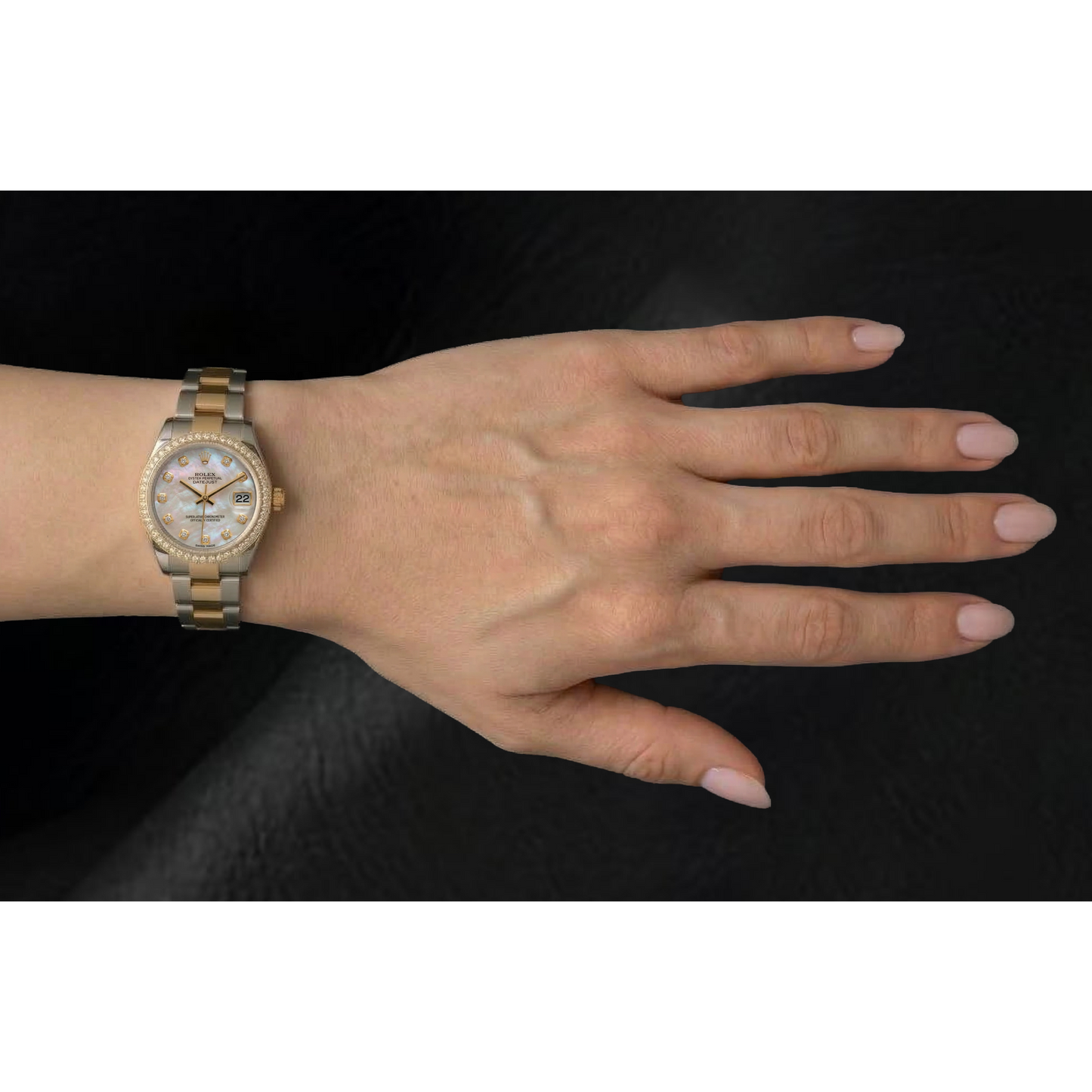 Rolex Datejust Year 2011 White Mother Of Pearl Diamond Dial Diamond Bezel 31 mm Two Tone Watch