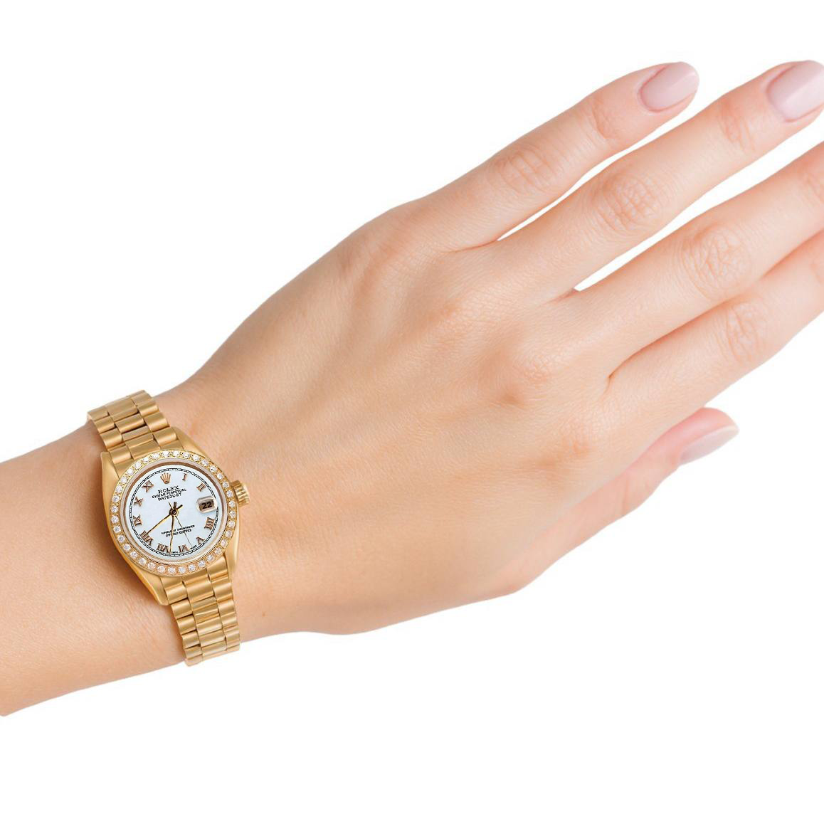 Rolex Dj White Roman Dial Natural Earth Mined Diamond Bezel Presidential Style Gold