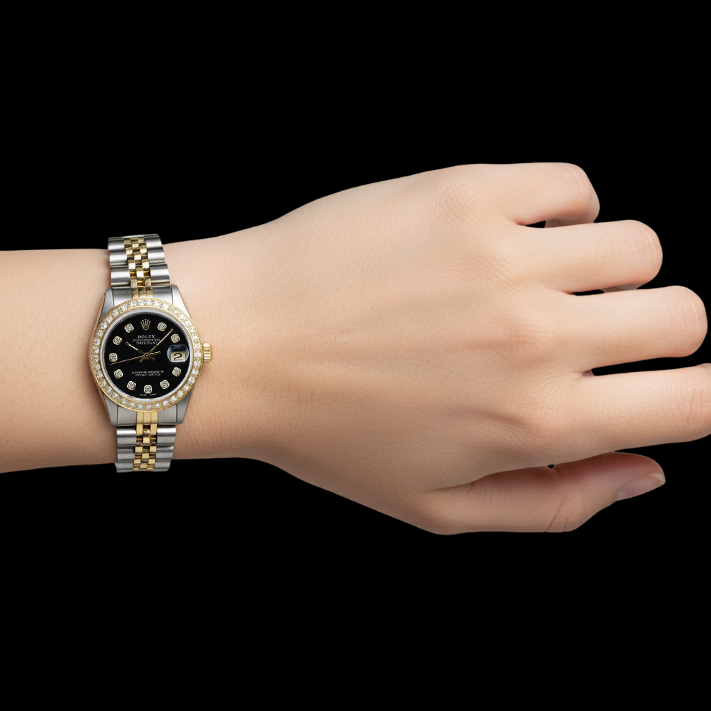 Rolex Mid Size Datejust Natural Earth Mined Diamond Watch Black Midsize Dial P4