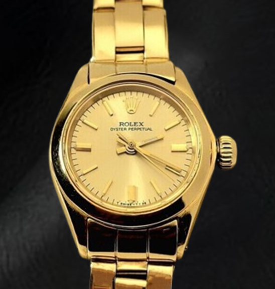 Rolex Oyster Perpetual 24 mm Champagne Stick Dial Watch Yellow Gold Oyster Bracelet